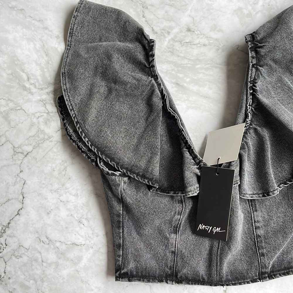 NASTY GAL | Collar Detail Denim Crop Top in Washed Black - Picture 5 of 10